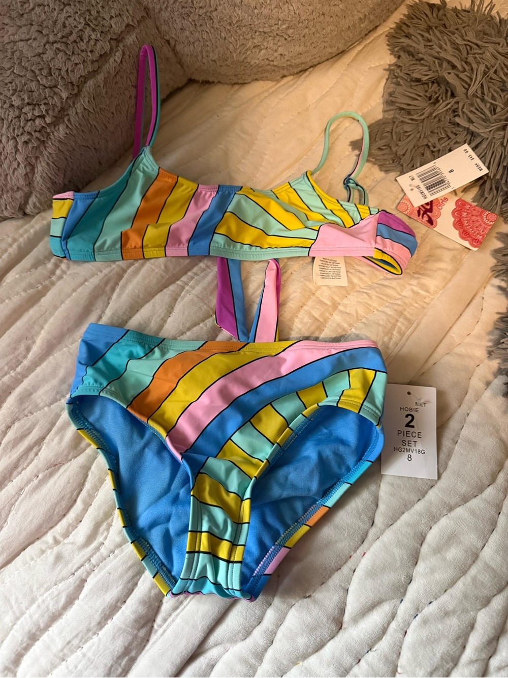 Hobie Chase the Sun  Stripe Two-Piece Bikini - Blue, Pink & Yellow girls sz 8